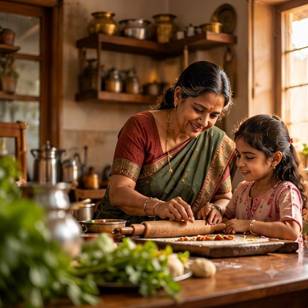 Mother and daughter preparing food